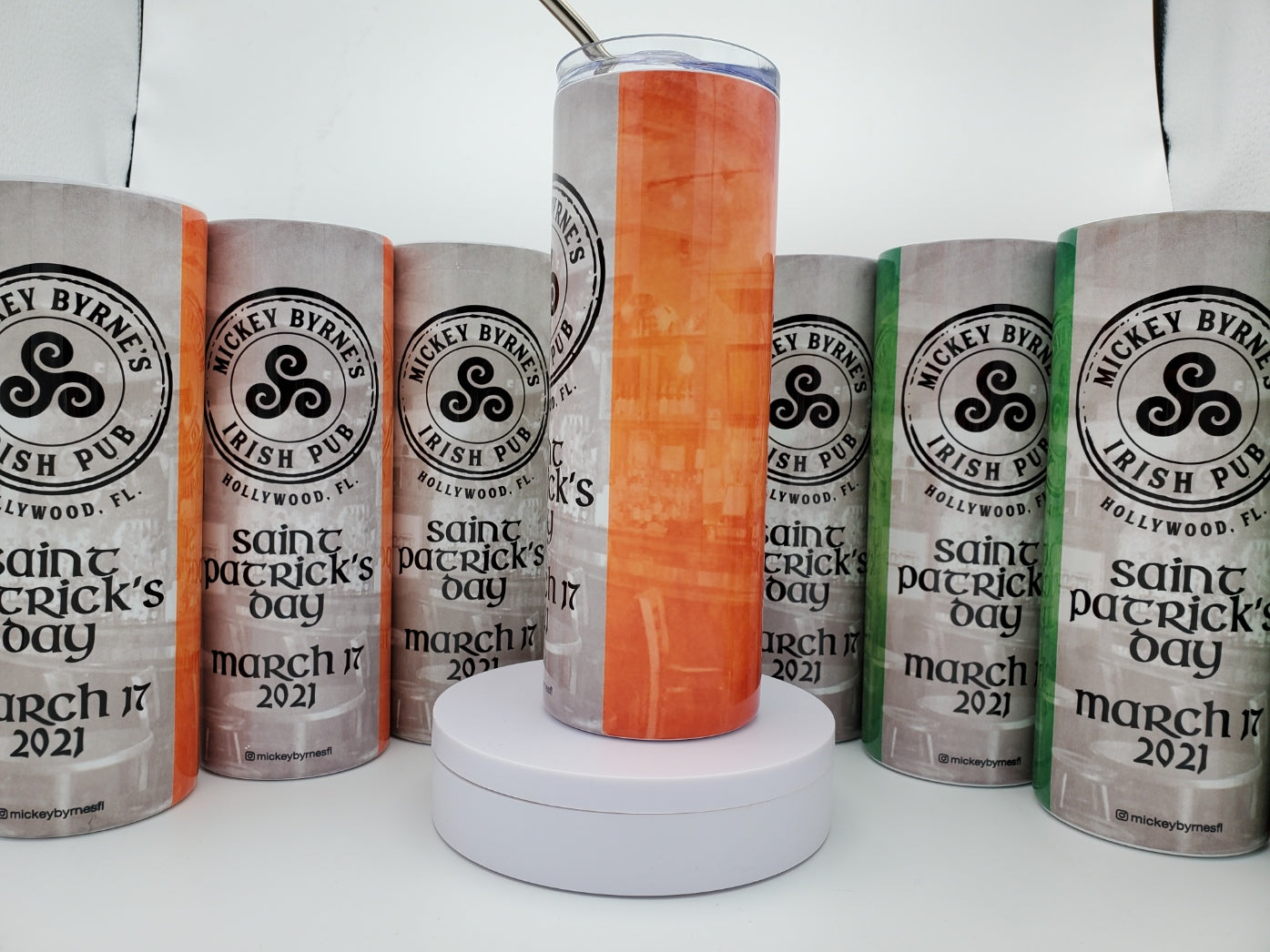 Personalized 2021 St. Patrick's Day Mickey Byrne's 20 Ounce Stainless Steel Logo Tumbler with Lid and Metal Straw
