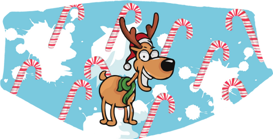 Christmas - Candy Cane Reindeer Face Cover- Custom With Your Name, 2 layer pocket mask with filter, adjustable ear clip, personalized & washable, reusable