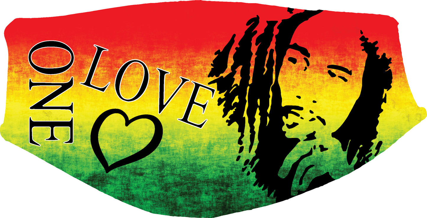 Bob Marley One Love Face Cover, washable pocket face mask with free carbon filter, adjustable ear clips, Face Mask Jamaican Style, Reusable