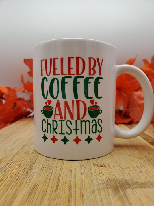 Fueled By Coffee and Christmas Mug, Holiday Gift, Seasonal Mug, Personalized Cup, Custom Coffee Mug, Add Your Name