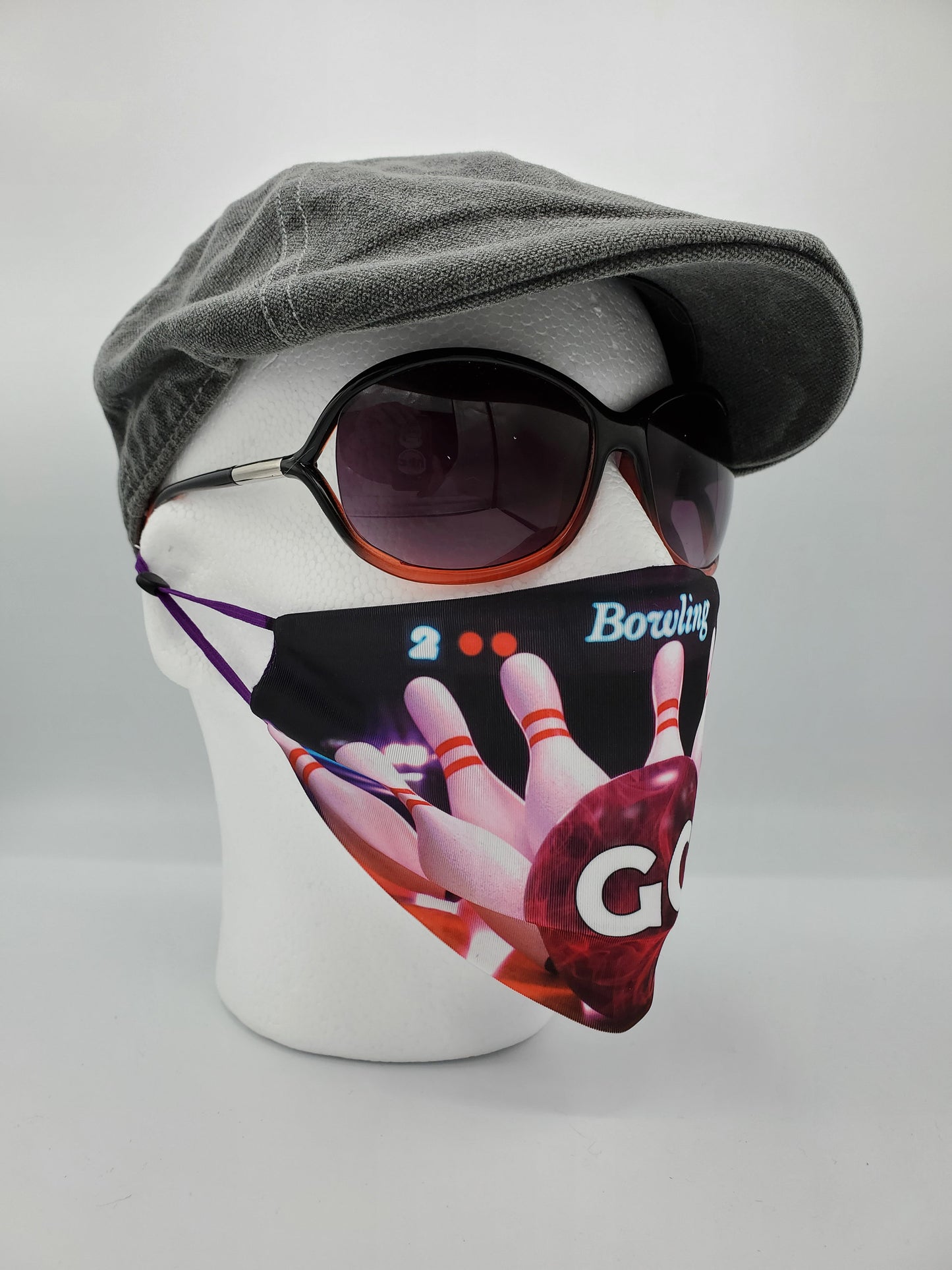 Purple Bowling Ball Face Mask, Custom With Name, 2 layer pocket mask with filter, adjustable ear clip, personalized & washable, reusable
