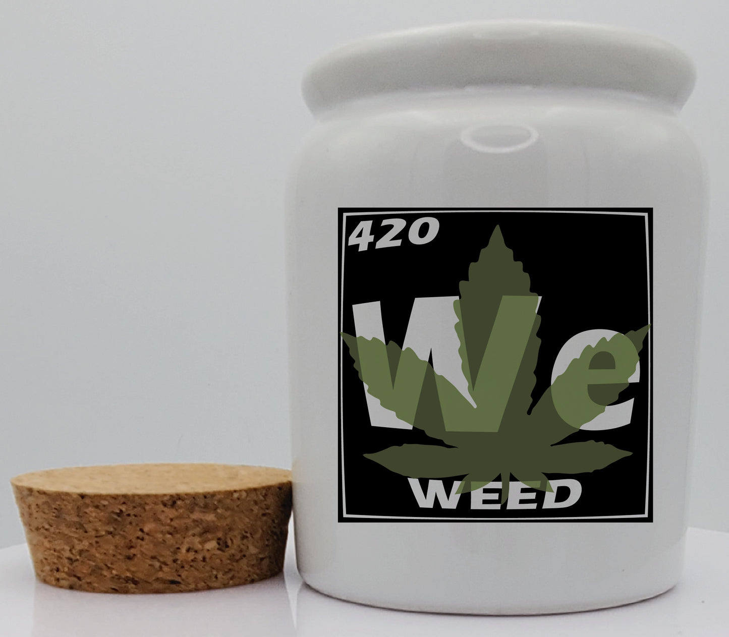 Personalized 11 Ounce White Ceramic Stash Jar With Cork Lid - Periodic Table Design - 420 Sweet Leaf Images - Cork Lid - Custom Designed