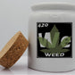 Personalized 11 Ounce White Ceramic Stash Jar With Cork Lid - Periodic Table Design - 420 Sweet Leaf Images - Cork Lid - Custom Designed