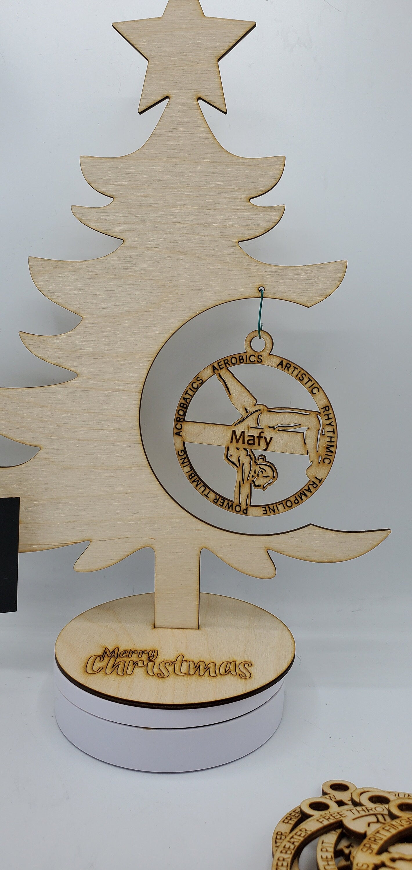 Laser Engraved Birch Wood Gymnast Christmas Ornaments - Single Layer or custom backing layer options